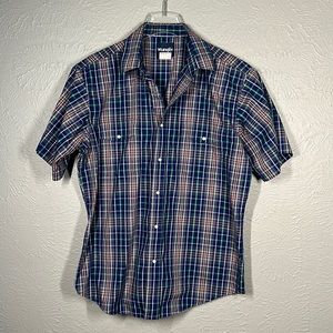 Wrangler Navy Blue Green Red Plaid Short Sleeve Pearl Snap Button Up Shi…